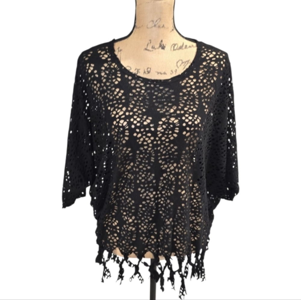 Mechant Dolman Sleeve‎ Black Crochet Fringe Top Coverup Women's Size Medium